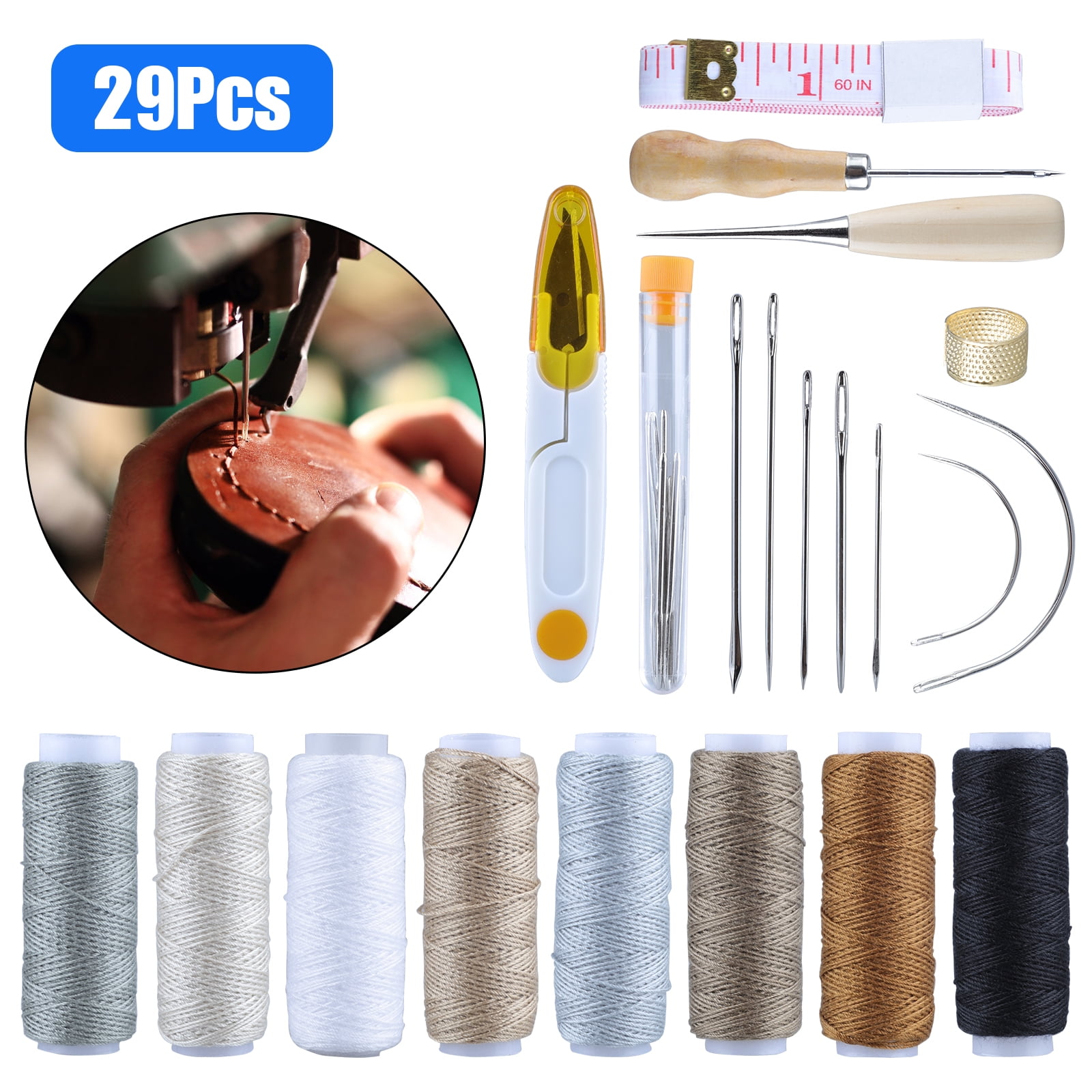 29Pcs Leather Waxed Thread Stitching Needles Awl Hand Tools for DIY Sewing Craft 