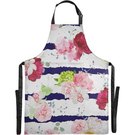 

Hyjoy 34.7×26.7in Navy Stripe Rose Print Apron Larger Size Baking Cooking kitchen Aprons for Women and Men Aprons for Women with Pockets