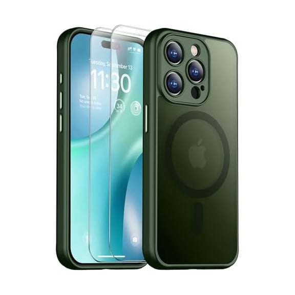 Eryueer for iPhone 15 Pro Max Case, Magnetic Translucent Matte Case with 2PCS Tempered Glass Screen Protector Slim Phone Case for iPhone 15 Pro Max 6.7'', Green