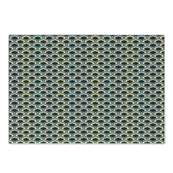 Geometric Cutting Board, Overlapping Hexagonal Shapes with Retro Colored Chevron Elements Tile, Decorative Tempered Glass Cutting and Serving Board, Small Size, Black Sky Blue Yellow, by Ambesonne