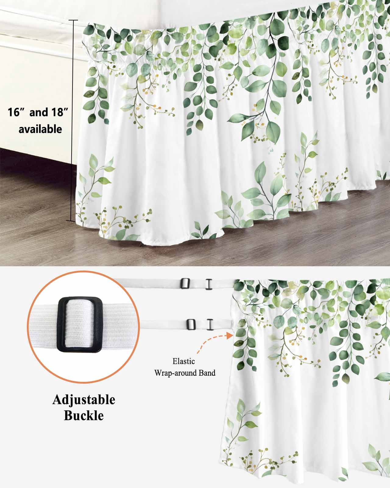 Eucalyptus Leaf Bed Skirt Country Green Plant Farmhouse Bed Skirts Queen Size 18 Inch Drop, Wrap Around Dust Ruffle&nbsp;Bedskirt with Adjustable Elastic Belt for Queen Size Beds