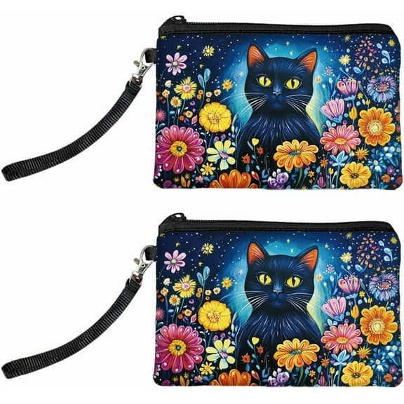 Original Cat and Flowers Designs Coin Purse for Women Girls 2 Packs Change Purse with Zipper Durable and Soft Canvas Wallet Pouch for Travel Gift