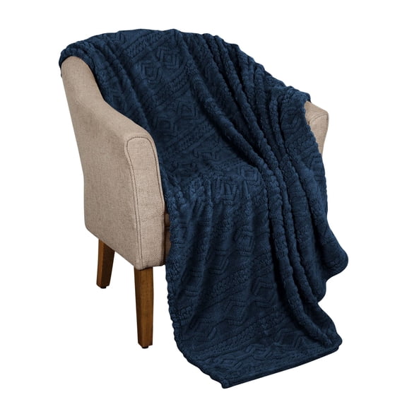 Superior Arctic Fleece Boho Knit Jacquard Blanket, Throw, Navy Blue