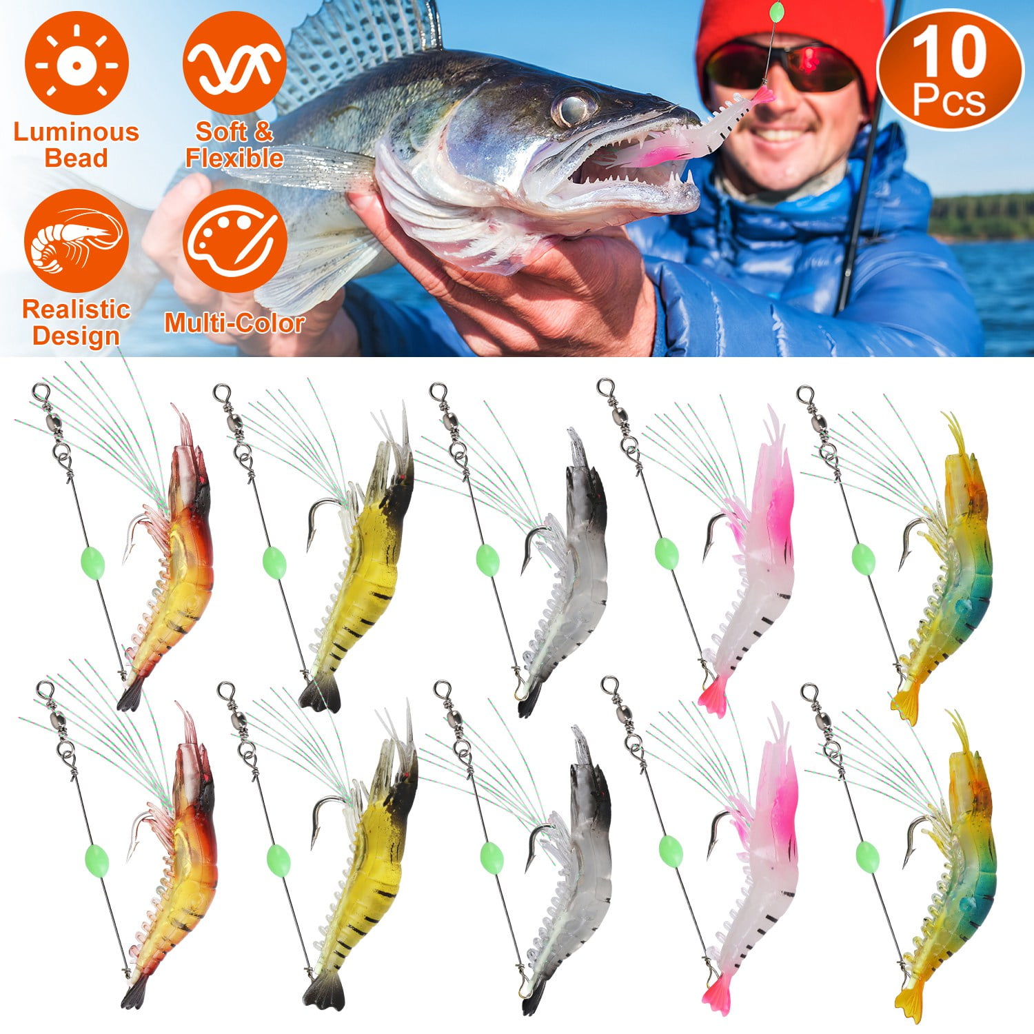 iMounTEK 10Pcs Shrimp Bait Set, Realistic Fishing Lure, Silicone Soft