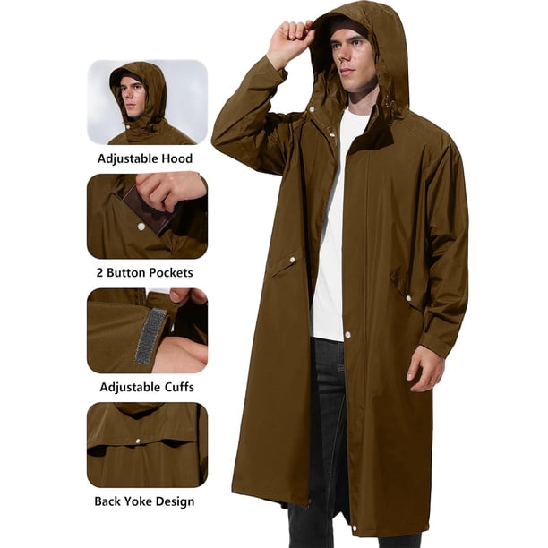 XUNKUSGA Men's Long Rain Jacket Lightweight Packable Rain Coat
