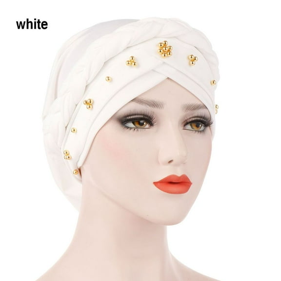 Stretch Hair Loss Head Wrap Women Turban Cap Muslim Cancer Chemo Hat Beads Braid WHITE