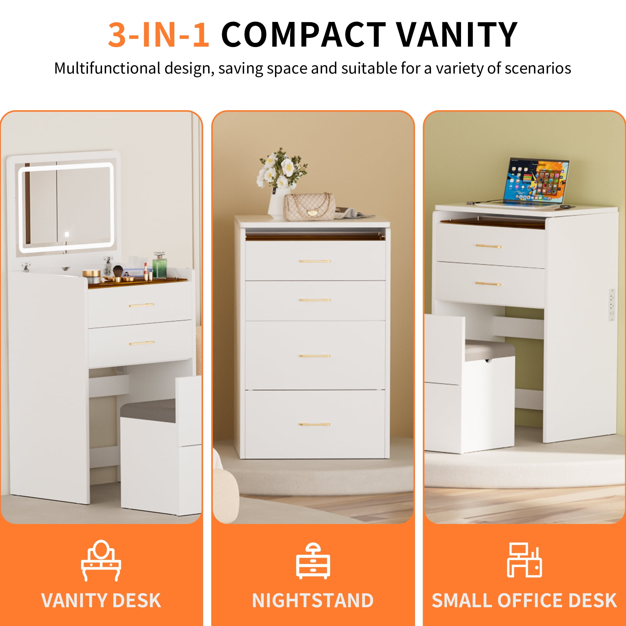 Jopath White Vanity Desk Set with Mirror & Lights,3 in 1 Makeup Vanity Table with 3 Drawers and Stool,Dressing Table for Bedroom,White02