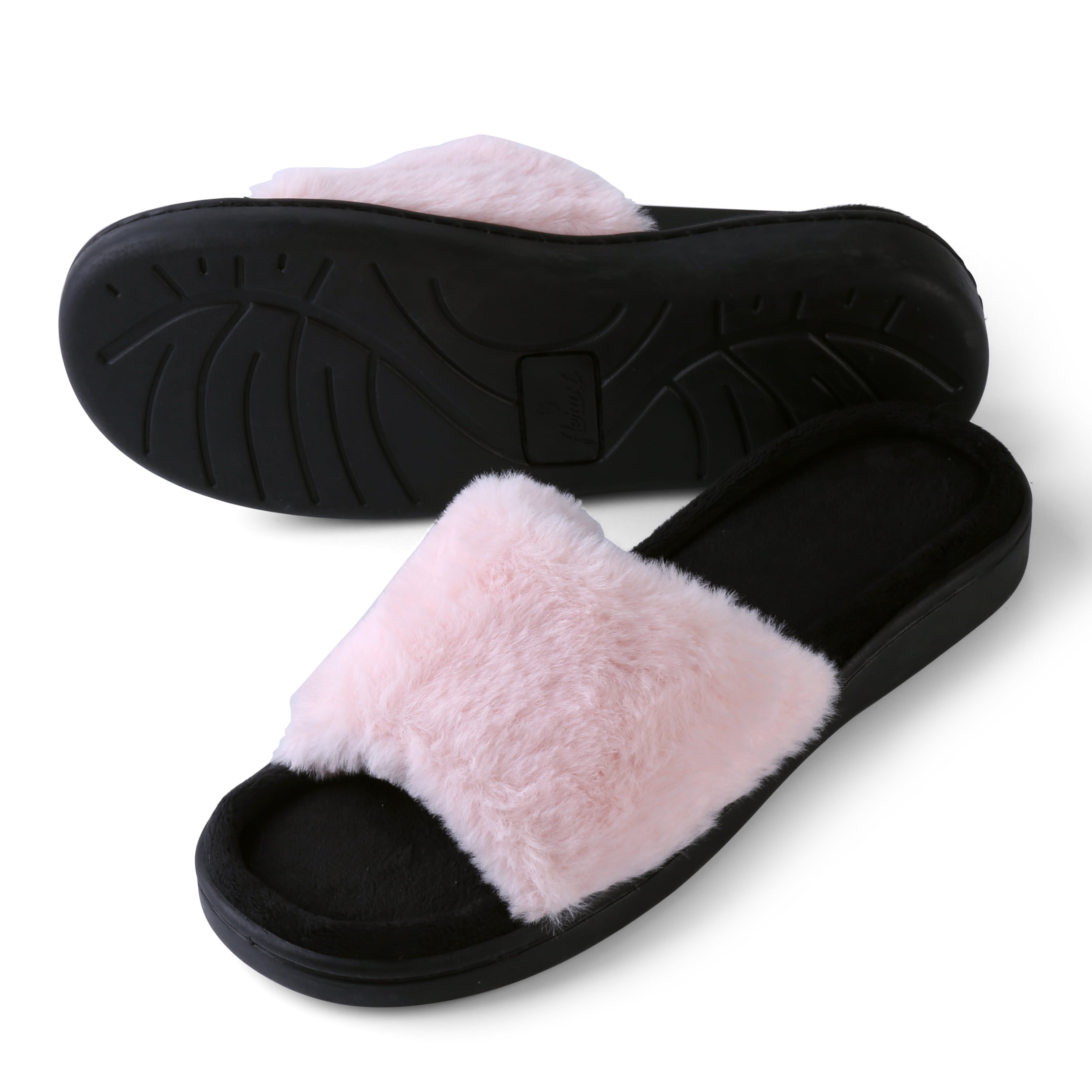 Fluffy Slide Slippers for Women – Soft Fleece Open Toe Indoor Slip-On House Shoes with Non-Slip Rubber Sole, Cozy Home Lounge Footwear