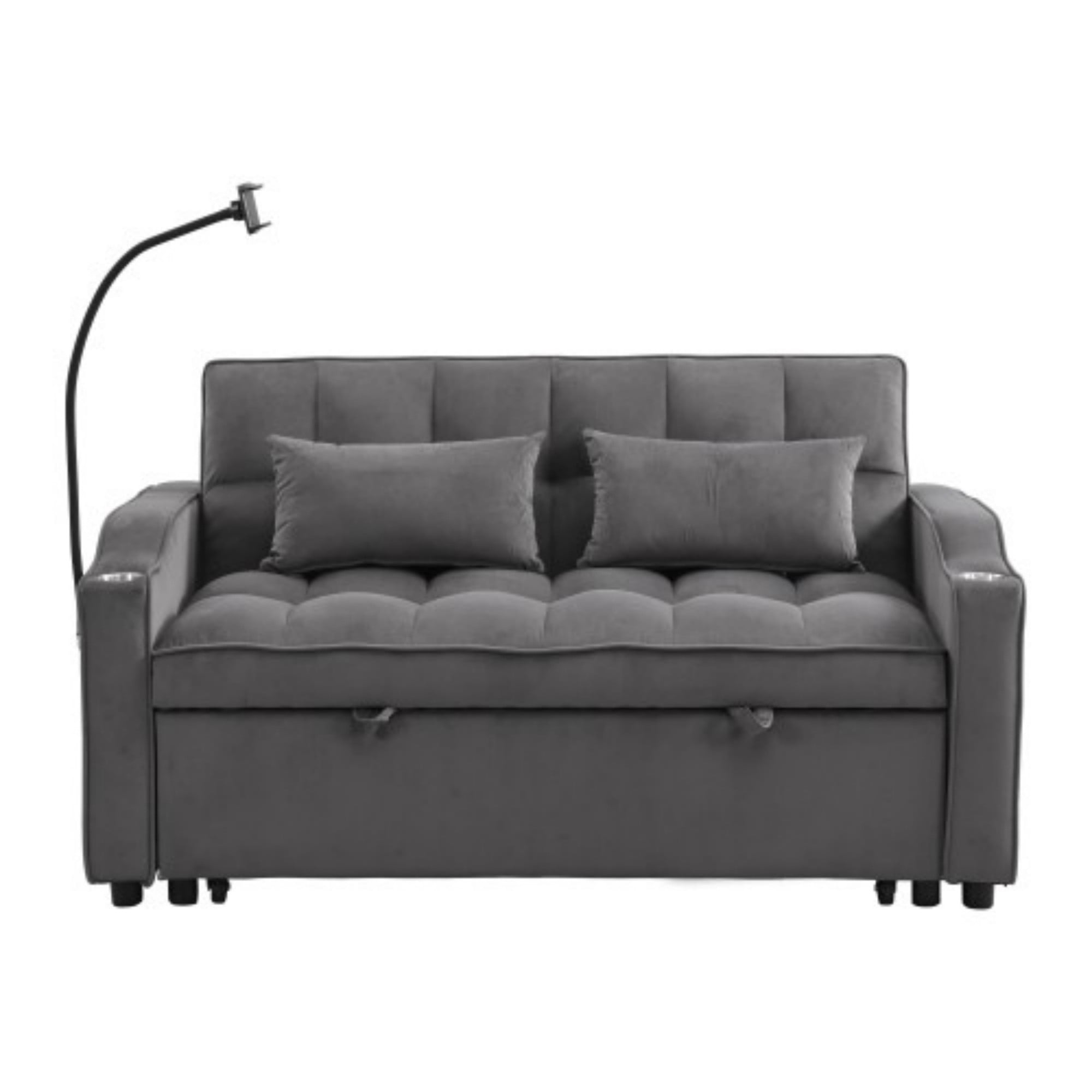 Velvet Loveseat Sofa Bed, 3-in-1 Convertible Sleeper Couch with USB Ports & Pullout Bed, Dark Gray