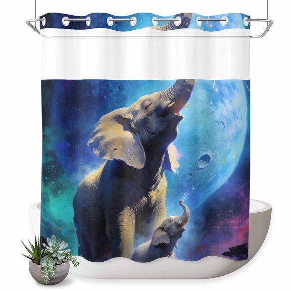 No Hook Shower Curtain, Abstract Art Elephants Shower Curtains for Bathroom with See Through Top Window, Blue Moon Forest Black Waterproof & Washable Bath Curtain Long 72"x78"