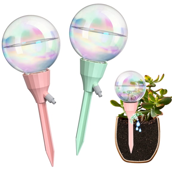 NiHome 2PCS 16OZ Plant Self-Watering Drippers with Adjustable Flow Control, Long-Lasting Automatic Watering Globes for Indoor Outdoor Plants, Tulip Shape Design for Small to Medium Pots(Pink &Green)
