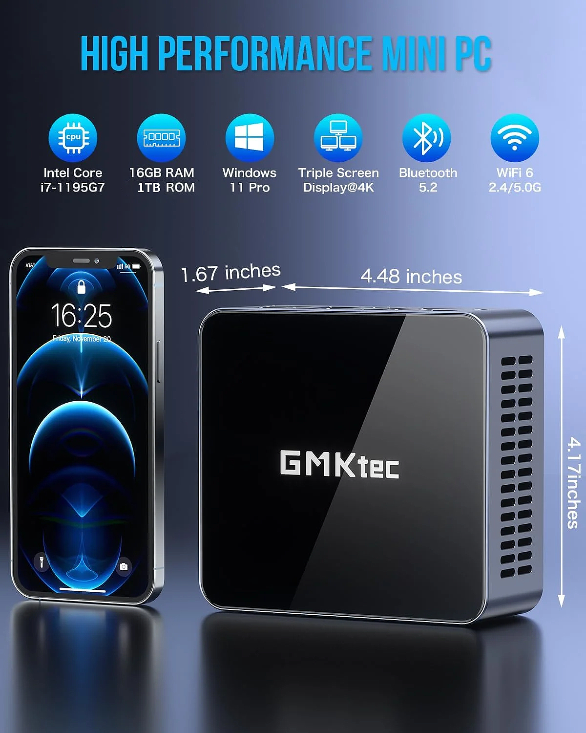 GMKtec Gaming Mini PC, 16GB DDR4 RAM 1TB SSD, Intel Core i7-1185G7 (up to 4.8 GHz) , Intel i226V RJ45 2.5G USB4.0 Desktop Mini Computers WiFi 6, BT 5.2/ DP, HDMI, NucBox M2 Pro S
