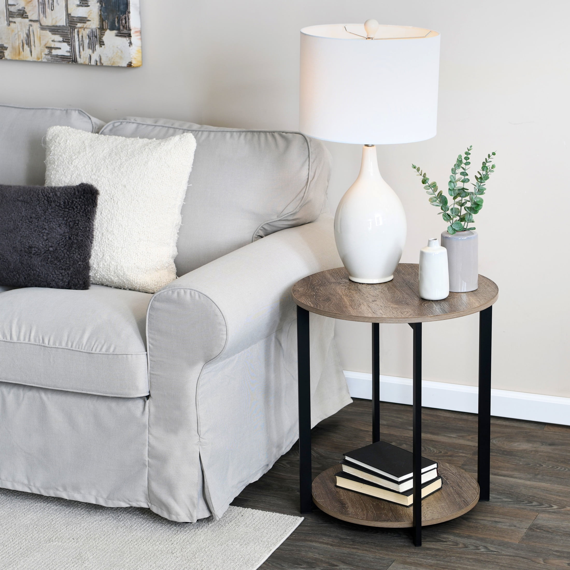 Household Essentials Jamestown Round Side End Table with Storage Shelf Ashwood Rustic Wood Grain and Black Metal