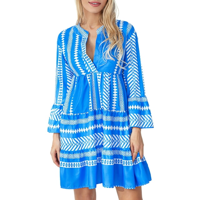 Lucakuins mujeres vestido fluido Casual contraste Color suelto cuello en V manga larga vestido de fiesta para playa cóctel Club ropa de calle Lucakuins moda