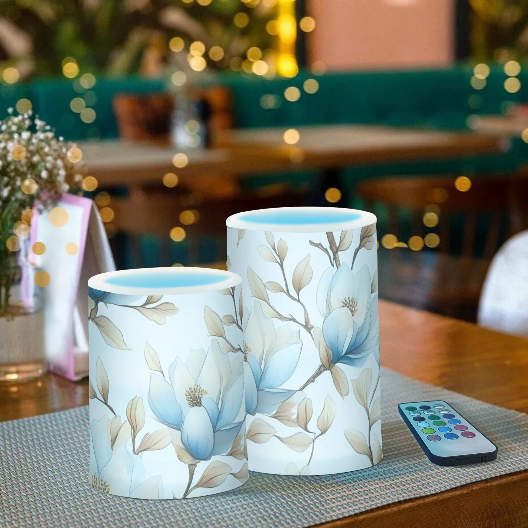 Beautiful Blue Magnolias Flickering Flameless Candles Battery Operated with Remote Timer LED Pillar Candles Set of 2
