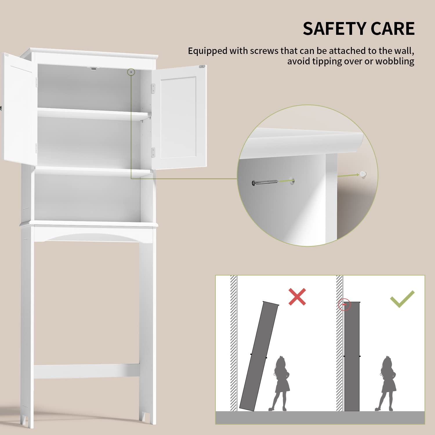 Over the Toilet Storage Cabinet - White Bathroom Shelf Organizer with Adjustable Shelf, Anti-Tip Device, Space-Saving Freestanding Design