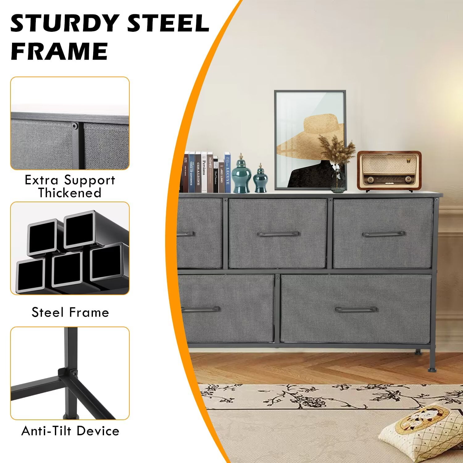YRLLENSDAN,Small Dresser for Closet, Dressers for Women Bedroom, Bedroom Dressers with Drawers,Storage Drawer, Plastic Dressers, Wood Top, Grey