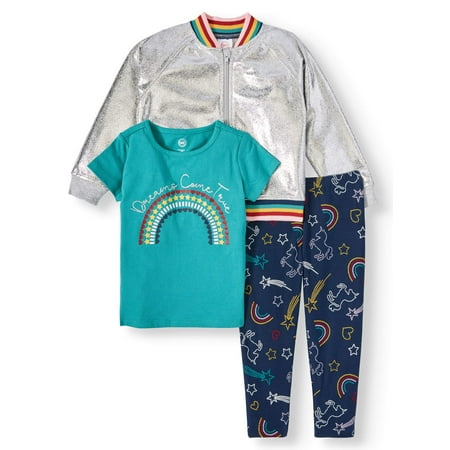 Wonder Nation Bomber Jacket, Graphic T-shirt & Printed Leggings, 3pc Outfit Set (Toddler Girls)