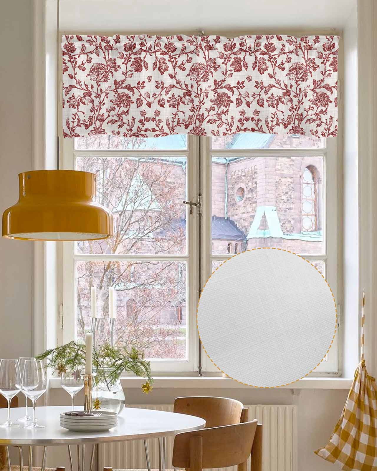 Farmhouse Red Kitchen Valances for Windows Farmhouse Linen Window Valance Curtain for Living Room Window Treatment Vintage Flower Leaf Botanical Plant Valance Rod Pocket Topper Drape, 42 x 18 Inch
