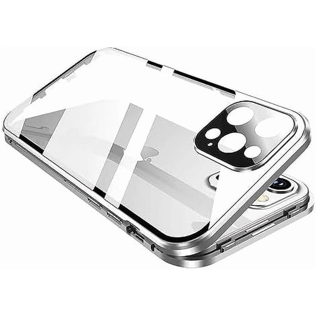 KOMI 360° Full Body Case Compatible with iPhone 16 Clear Case with Lock and Screen Protector Camera Protector Clear Double Sided Glass Magnetic Aluminium Alloy Bumper Case, Silver
