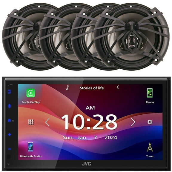 JVC KW-M690BW 6.8" Capacitive Monitor Single-DIN Bluetooth USB/MP3 Digital Media Shallow Chassis Multimedia Receiver, 4x Soundstream AF.653 6.5" 300 Watts Max Power 3-Way Car Audio Speakers