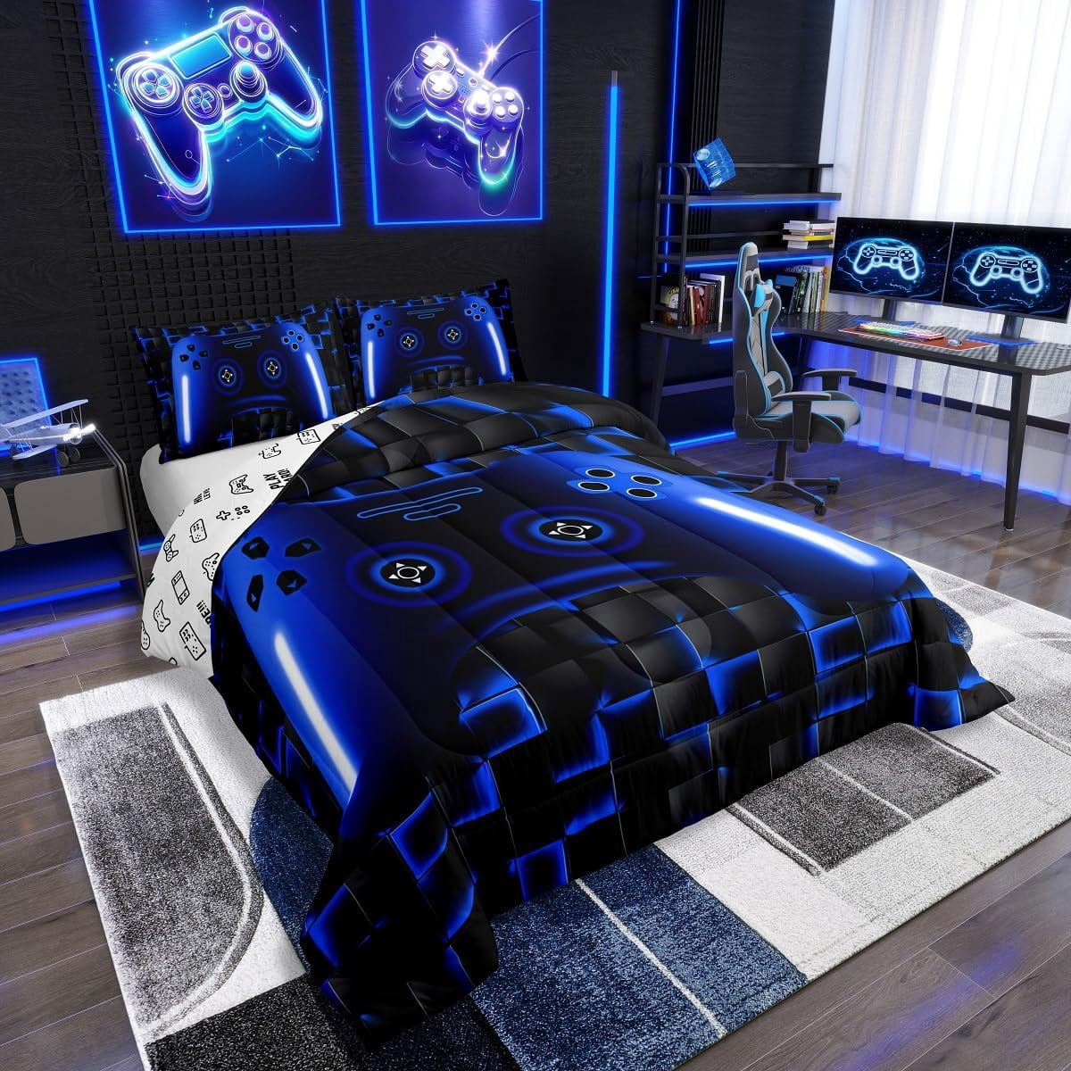 Gaming Full Size Comforter Sets Teen Game Controller Bedding Set 3Pcs Gamer Comforter For All Season,Blue And Black Geometric Checkered Quilt Set For Young Men,Soft Lightweight