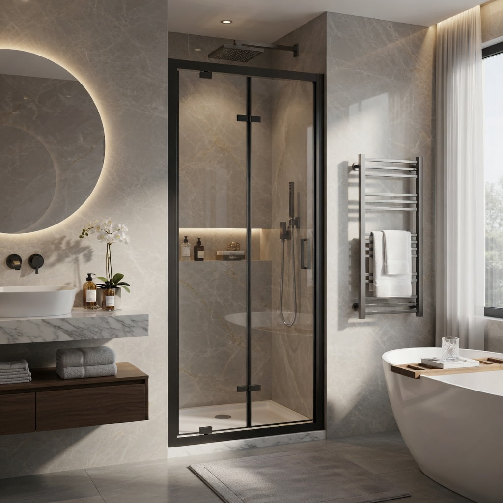 Hommoo Framed Bi-Fold Pivot Shower Door 32" x 72", Aluminum Frame, 1/4" Tempered Glass, Reversible Left/Right Installation, Space-Saving Folding Shower Enclosure, Black & Transparent