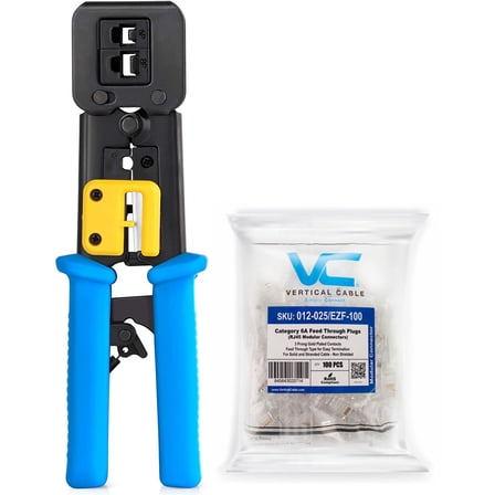 Vertical Cable RJ45 / RJ11 Professional Termination Crimping Tool and CAT6 Feed Through RJ45 Connectors Bundle - 100 Count
