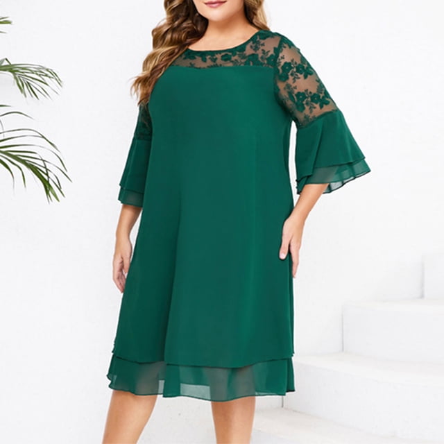 Uootdi Robes Formelles pour Femmes Col Rond Manches 3/4 Robes Brodées Grande Taille Robes Midi Élégantes Cadeau pour Invitée de Mariage