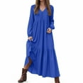 thumbnail image 2 of vigerkar Women's Linen Maxi Dress Long Sleeve with Pockets Casual V-Neck Tiered Ruffle Dress Boho Beach Pleated Long Dress Dark Blue, XXL, 2 of 9
