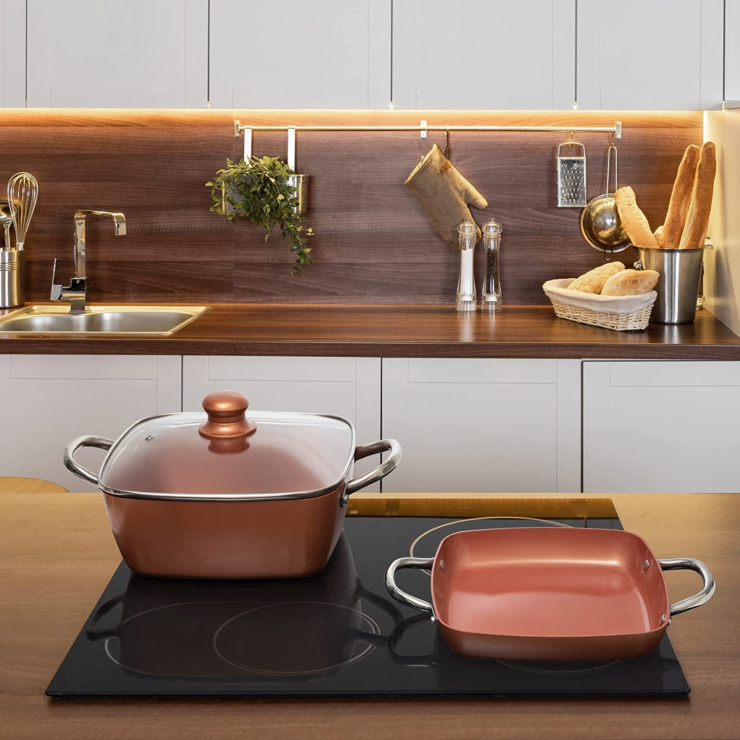 Moss & Stone Copper 6 Piece Set Chef Cookware, Non Stick Pan, Deep Square Pan, Fry Basket, Steamer Tray, Dishwasher & Oven Safe, 5 Quart Copper Pot Set, 9.5" Copper Induction Cookware Set
