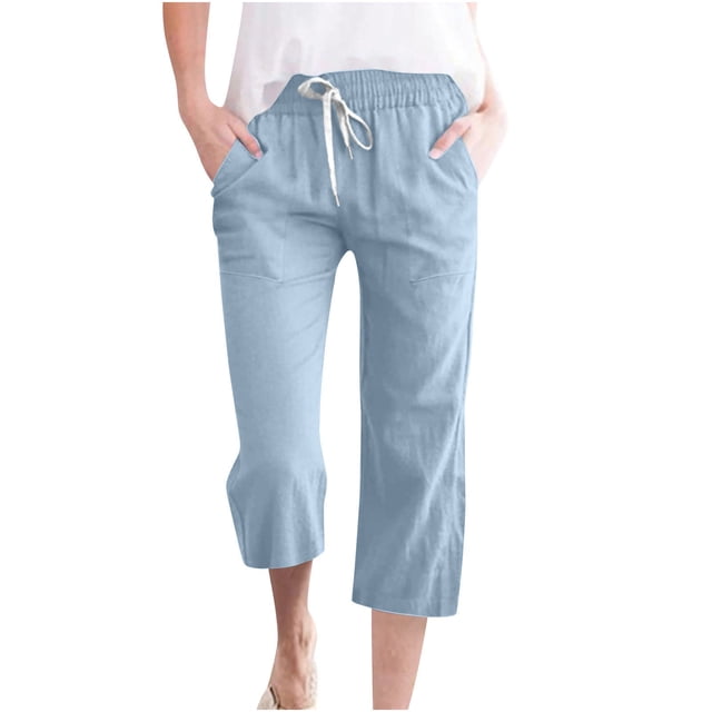 Women's Casual Solid Color Elastic Waist Drawstring Cotton Linen Capri Pants with Side Pocket, Comfort Fit, Versatile Wear