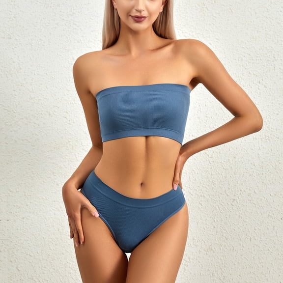 Hrsba Wireless Bras for Women,Seamless Push Up Bandeau Bra and Panty Set Breathable Contoured Support Comfortable Bras for Ladies