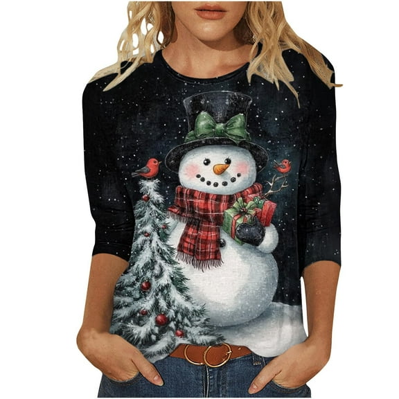 Womens Christmas T Shirts Funny Round Neck 3/4 Sleeve Snowman Print Tees Fall Tshirts Tops for Winter Fall Clothes My Items