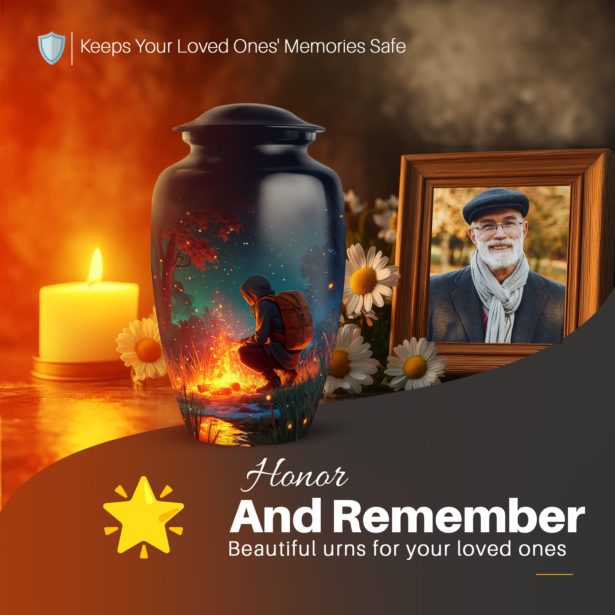 Yatskia Night Campfire Urns for Human Ashes Adult Female and Male, Cremation Burial Urn for Adult Ash, Decorative Funeral Urn for Ashes for Women, (Classic Large, 10 Inch)