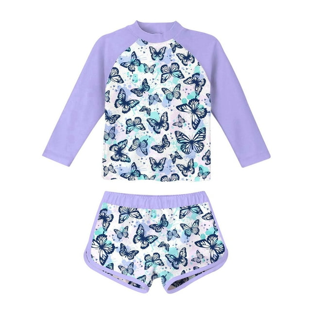 Luvoko Tween Girls 2 Piece Rash Guard Swimsuit, Long Sleeve Swim Kids Fashion Beach Shorts Girls Rashguard Bow Bathing Suit Ruched Swimsuit Swimwear for(Light Purple,12-13 Years)