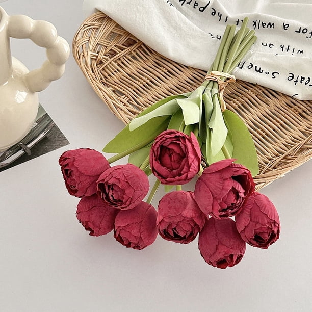 Ramo de flores de tulipán artificial 9 piezas – Tulipanes falsos Real Touch para decoración del hogar, centros de mesa de boda, arreglos de jarrones de mesa, decoraciones para salón y comedor