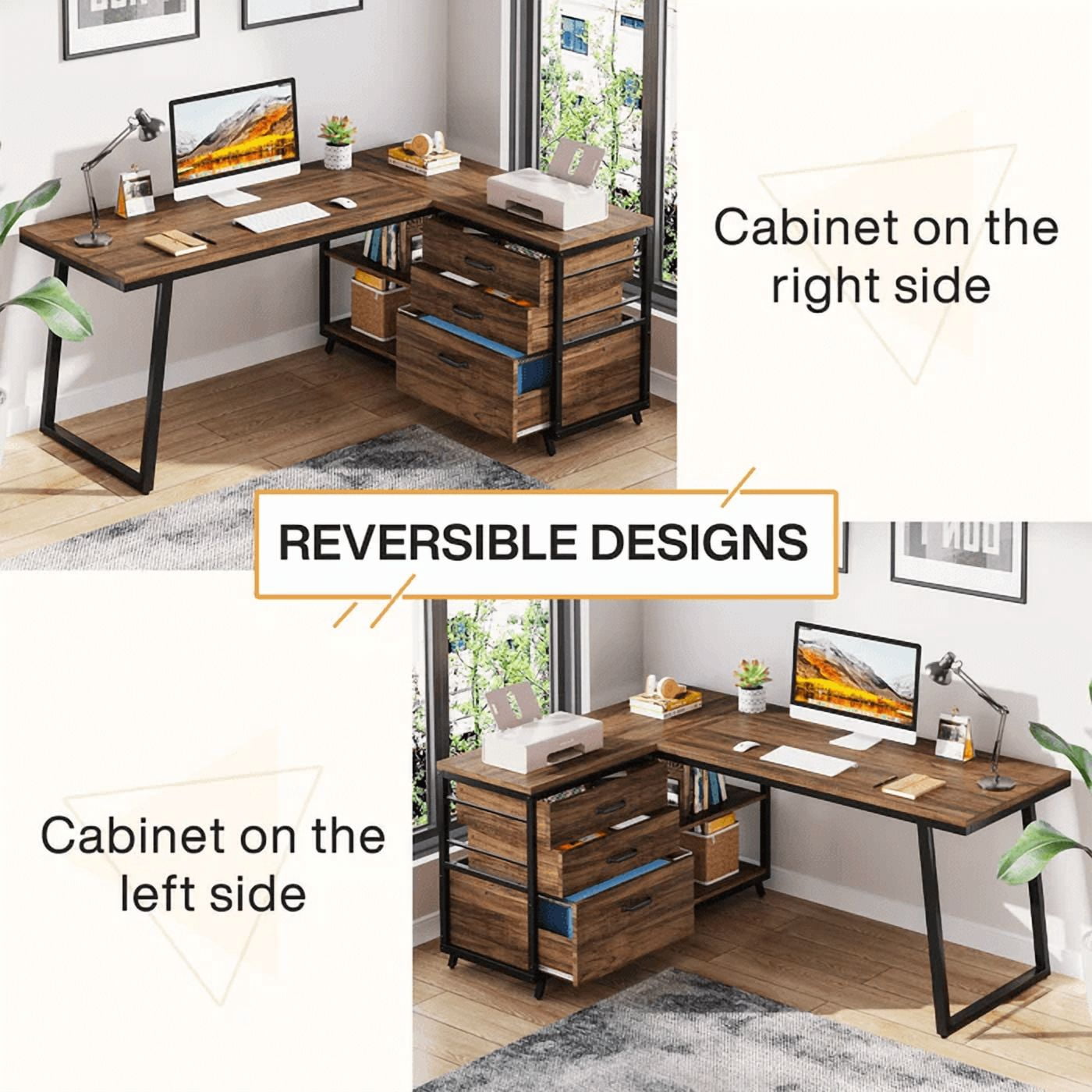53" Reversible L-Shaped Computer Desk With 3 Drawers & Shelves - Spacious Workstation For Home Office, Study & Gaming (Rustic Brown)
