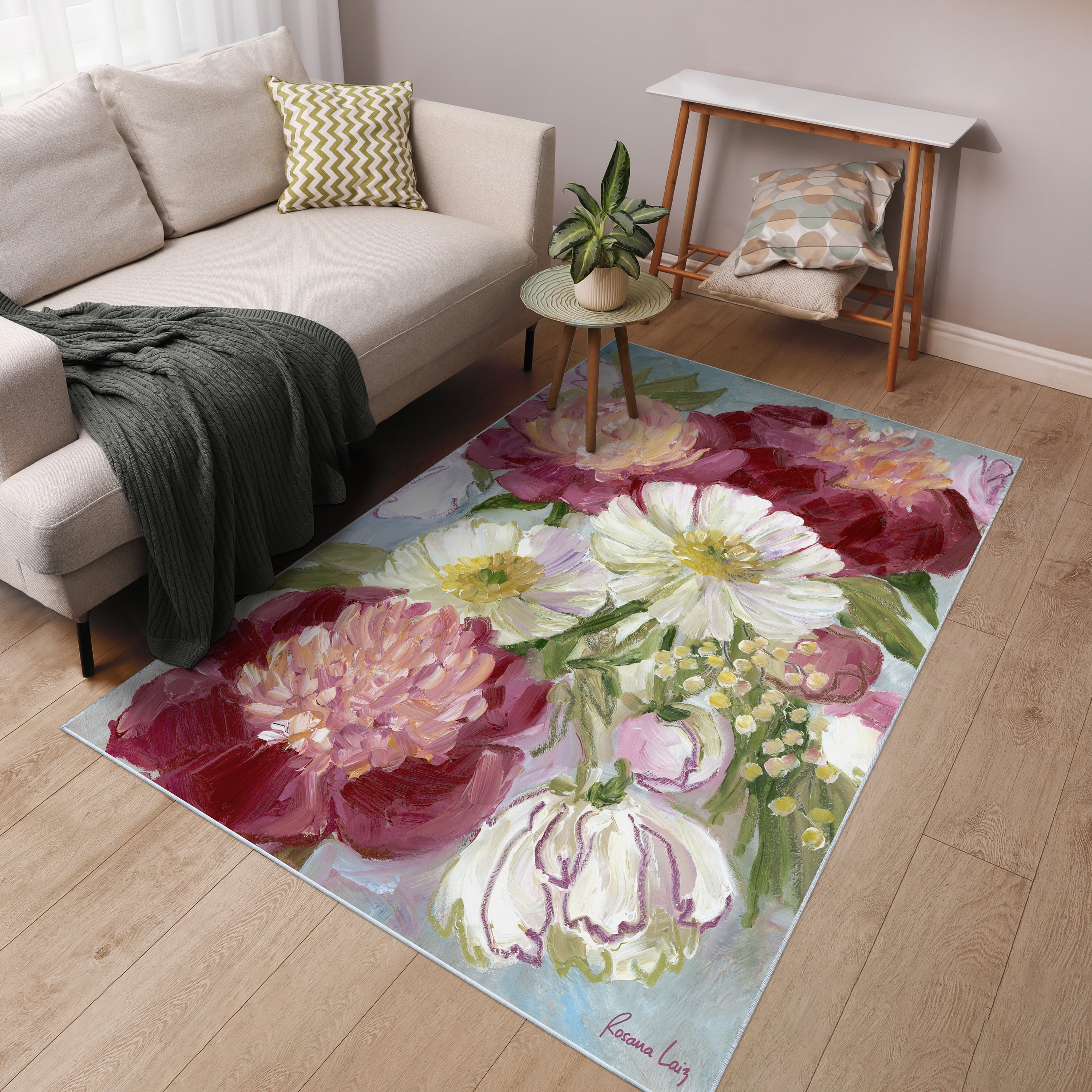 Eleanora painterly florals Washable Art Area Rug size 5'x8', Power-loomed, Heavenly Softness with Non-Slipping Backing