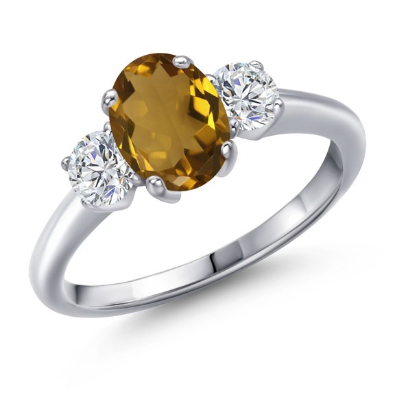 Gem Stone King 1.54 Ct Oval Whiskey Quartz G/H Lab Grown Diamond 925 Sterling Silver Ring