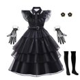 thumbnail image 1 of Vestido negro fruncido para baile de graduación para adolescentes y niñas, traje de Cosplay para niños grandes, disfraz familiar de Halloween Addams, Túnica gótica, 1 of 4