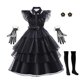 thumbnail image 1 of Vestido negro fruncido para baile de graduación para adolescentes y niñas, traje de Cosplay para niños grandes, disfraz familiar de Halloween Addams, Túnica gótica, 1 of 4