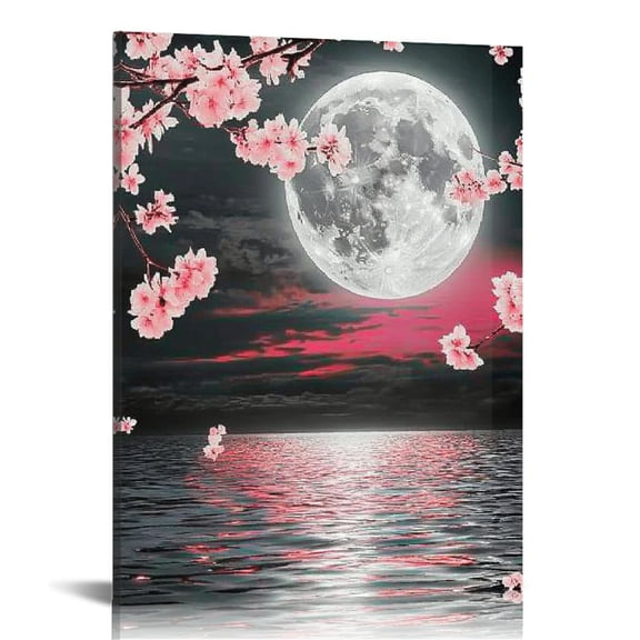 Autua Full Moon Water Pink Flowers Canvas Wall Decor Art Print 12x16 in