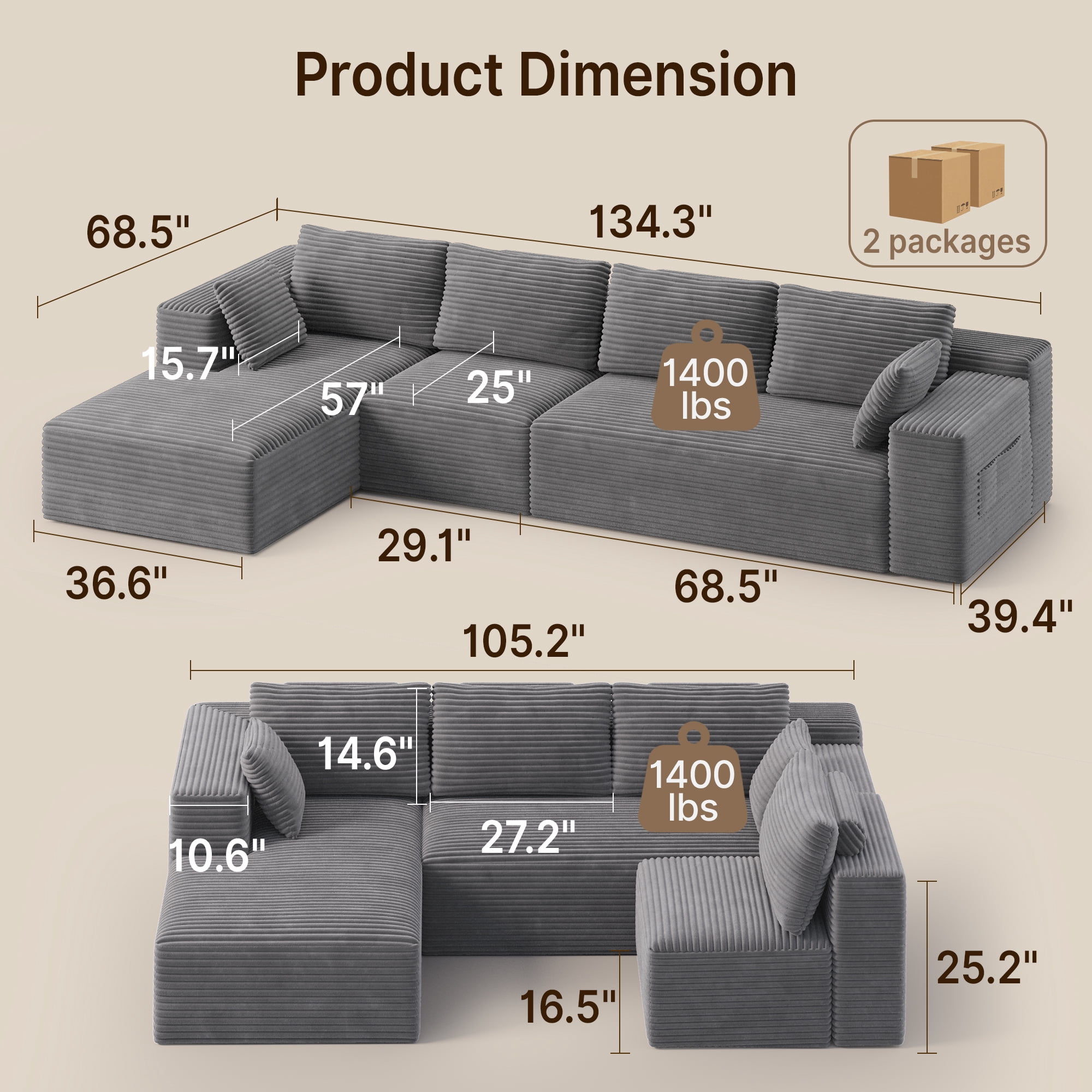 135" L-Shaped Cloud Modular Sectional Sofa, Corduroy Upholstery, Deep Seat Memory Foam Cushion, Dark Gray