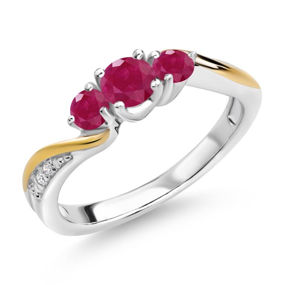 Gem Stone King 925 Sterling Silver and 10K Yellow Gold Red Ruby and White Lab Grown Diamond 3 Stone Engagement Ring for Women (0.69 Cttw, Gemstone July Birthstone, Size 8)