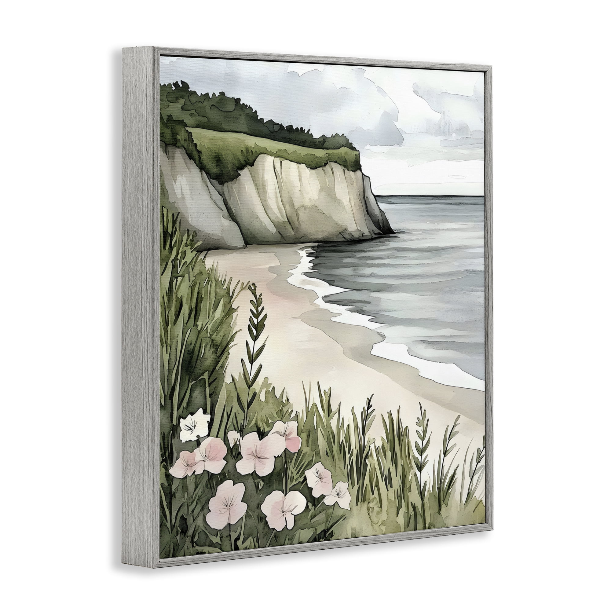 Stupell Industries Coastal Calm with Floral Blooms Gray Framed Giclee Art, design by Riley B