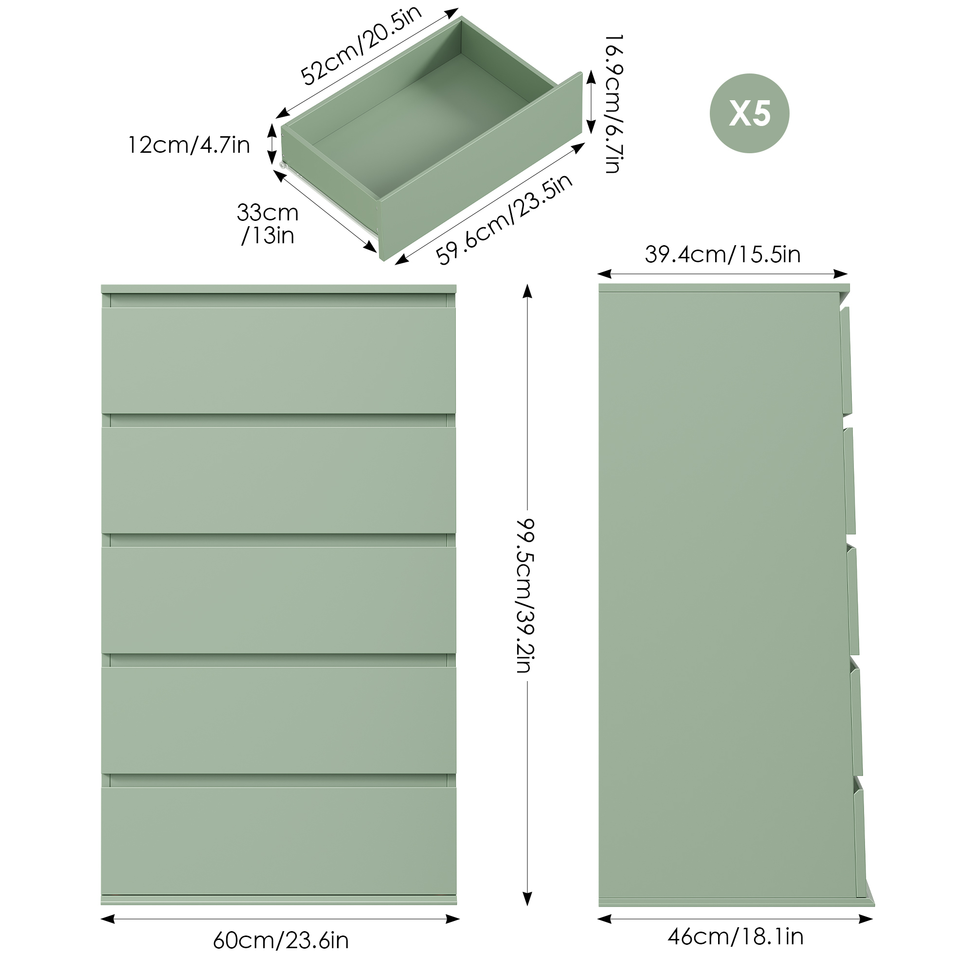 Homfa 5 Drawer Dresser, Modern Storage Cabinet for Bedroom,Tall Chest of Drawers for Living Room，Green