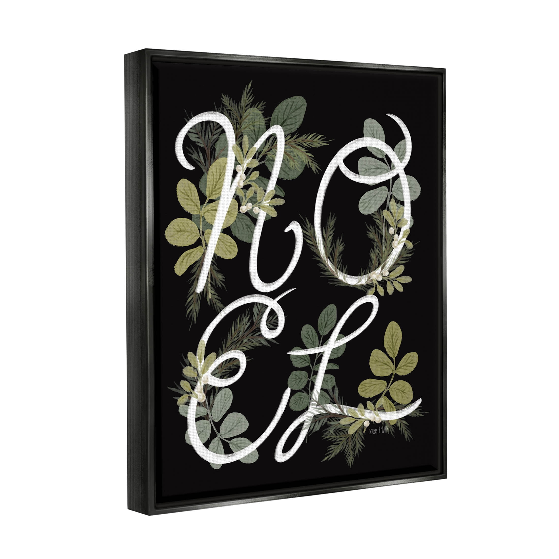 Noel Intertwined Botanical Leaves Holiday Graphic Art Jet Black Framed Art Print Wall Art