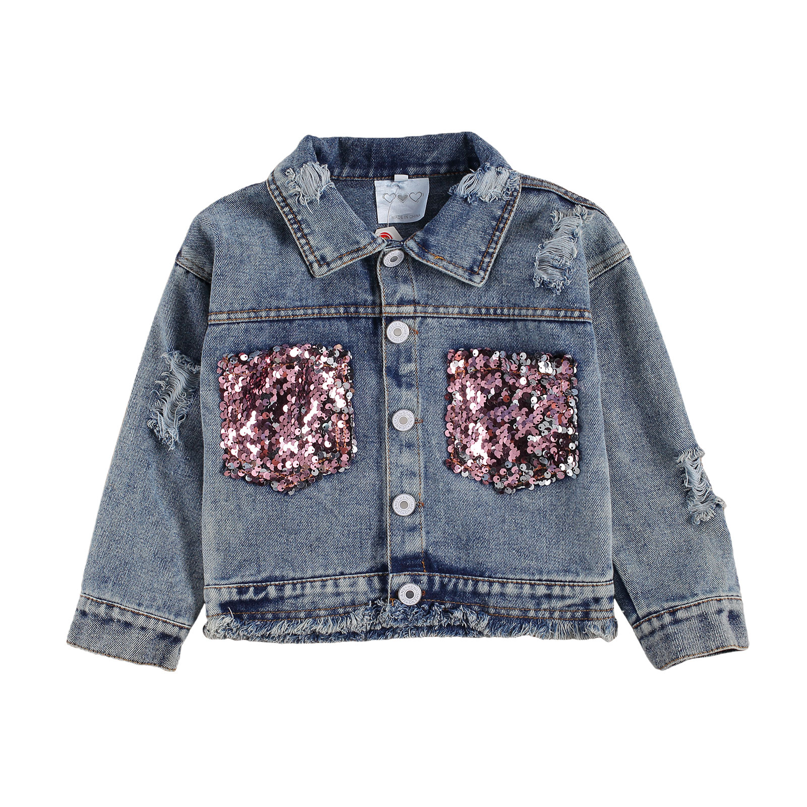 Toddler Baby Girl Coat Long Sleeve Denim Jacket Sequin Pockets Ripped Jean Jacket Outwear 1-6T - image 1 of 10