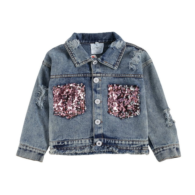 Toddler Baby Girl Coat Long Sleeve Denim Jacket Sequin Pockets Ripped Jean Jacket Outwear 1-6T